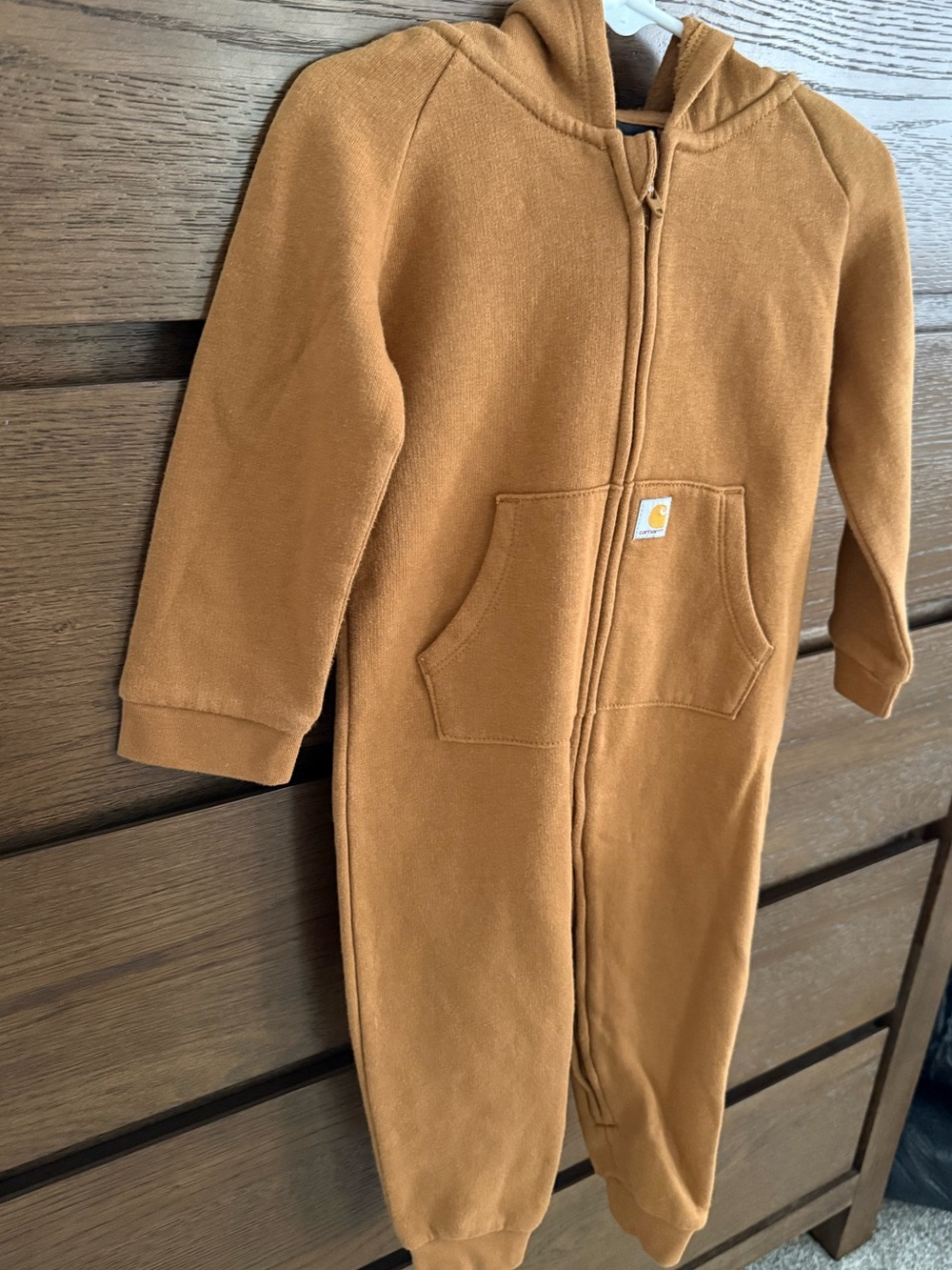Two Carhartt Kids Hooded Zip One-Pieces in Carhartt Brown and dark navy